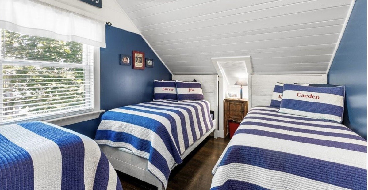 Navy and white lake house bunk room